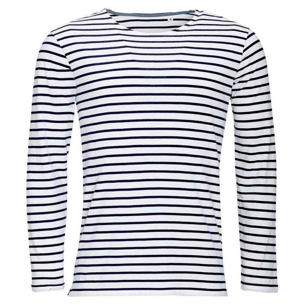 SOLS Mens Marine Striped Long-Sleeved T-Shirt / White/Navy